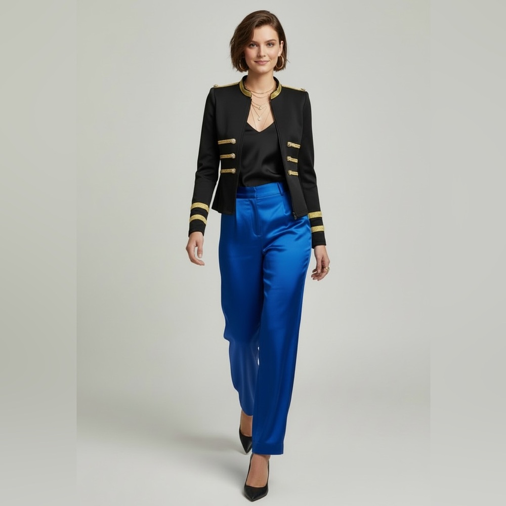 🖤💛Black Marching Band Style Gold Trim Jacket with Structured Zip Front